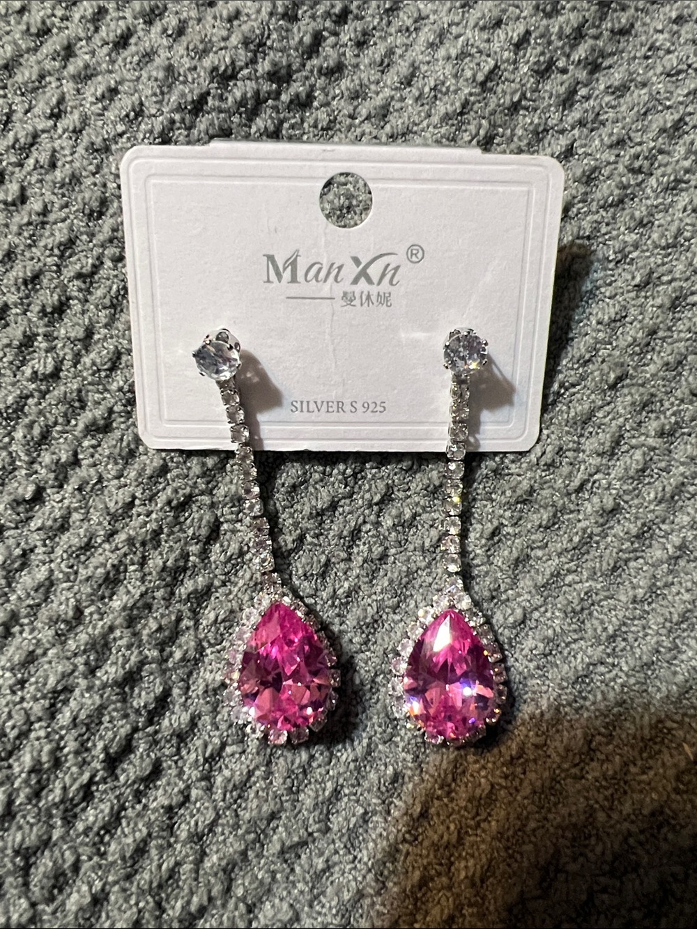 Silver Pink Teardrop Dangle Earrings